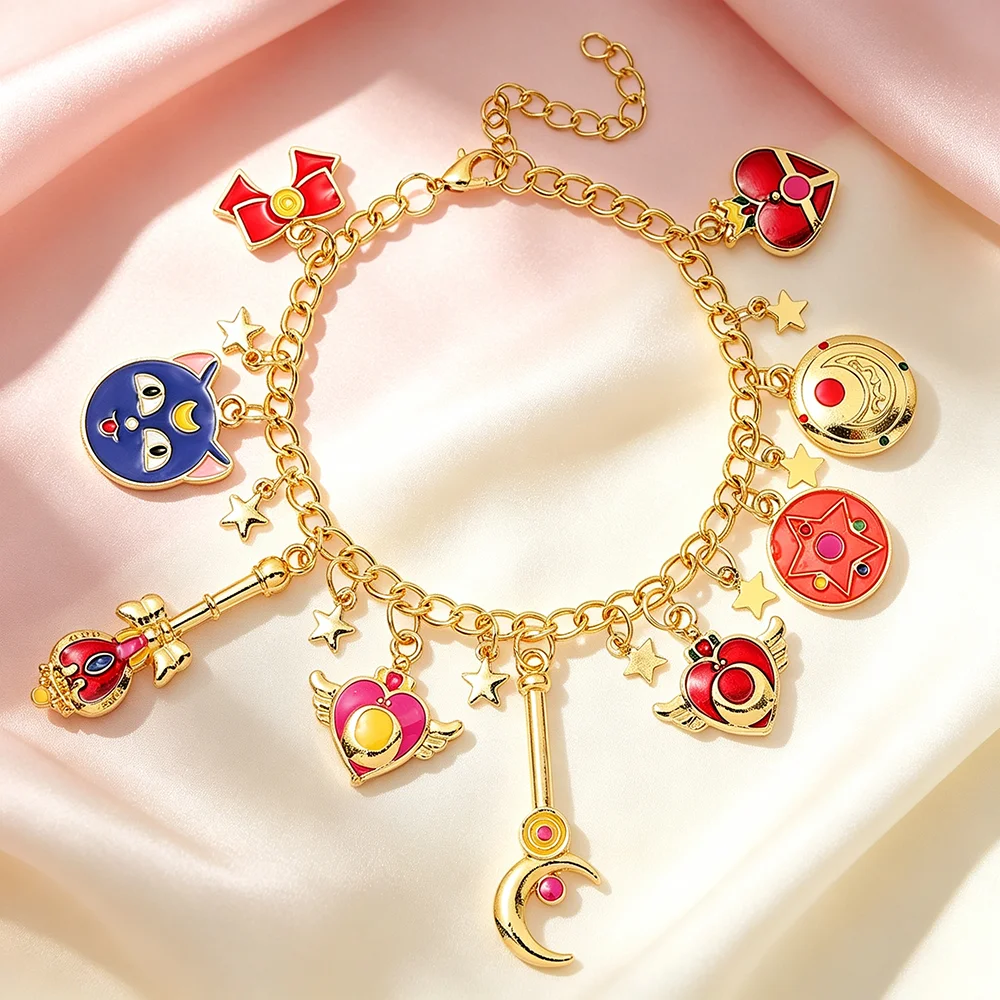 Pulsera con dijes de Sailor Moon, pulsera de cosplay de anime chapada en oro con Luna Cat, colgantes de luna, joyería de dibujos animados, regalo para fans.