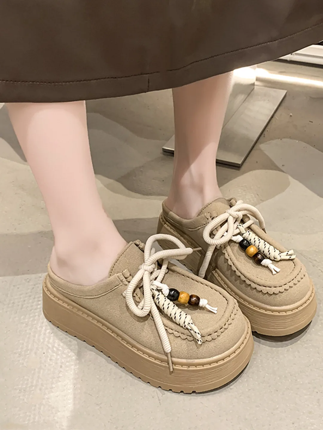 British Style Versatile Beaded Strap Sandals Women's 2026 Autumn New Flat Bottom Outdoor Wear Slip-On  Shoes