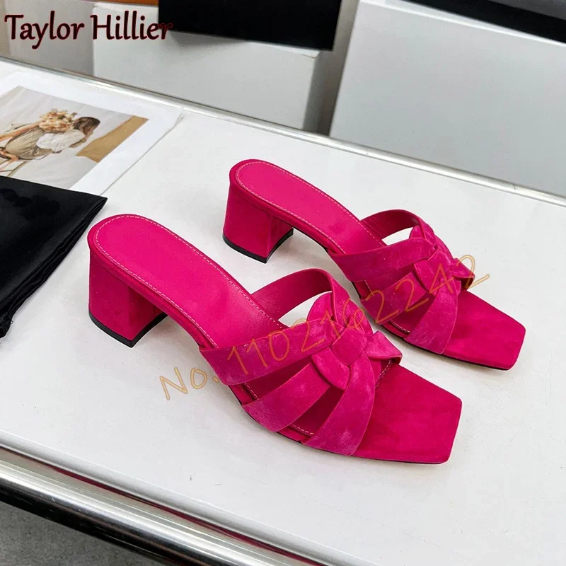 

Rose Red Suede Slippers Square Toe Thick Heel Shallow Mouth Beach Shoes Summer Elegant Dress Sandals Luxury Hollow High Heels 43