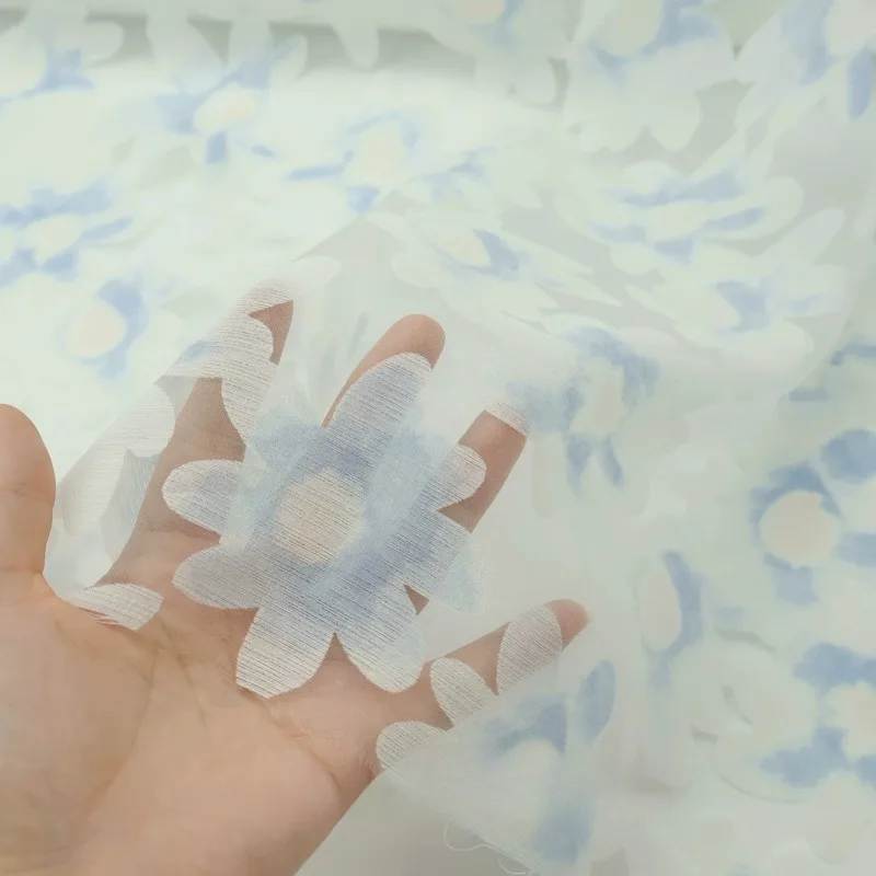 Translucent Blue Dyed Woven Flower Organza Fabric for Spring Summer Non Elastic Shirts Dresses Qipao Clothing Decorative Fabrics