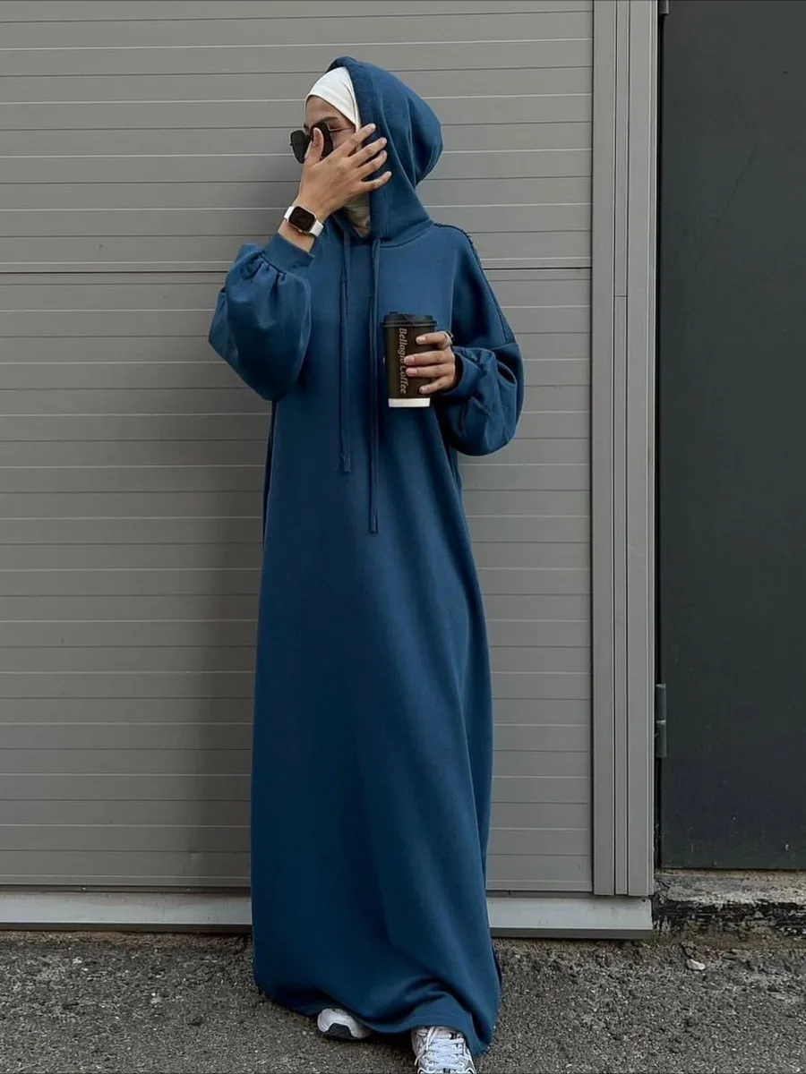 Muslim Women Hoodie Dress Saudi Arabic Long Robe Vestidos Abaya Dubai Morocco Kaftan Jalabiya Eid