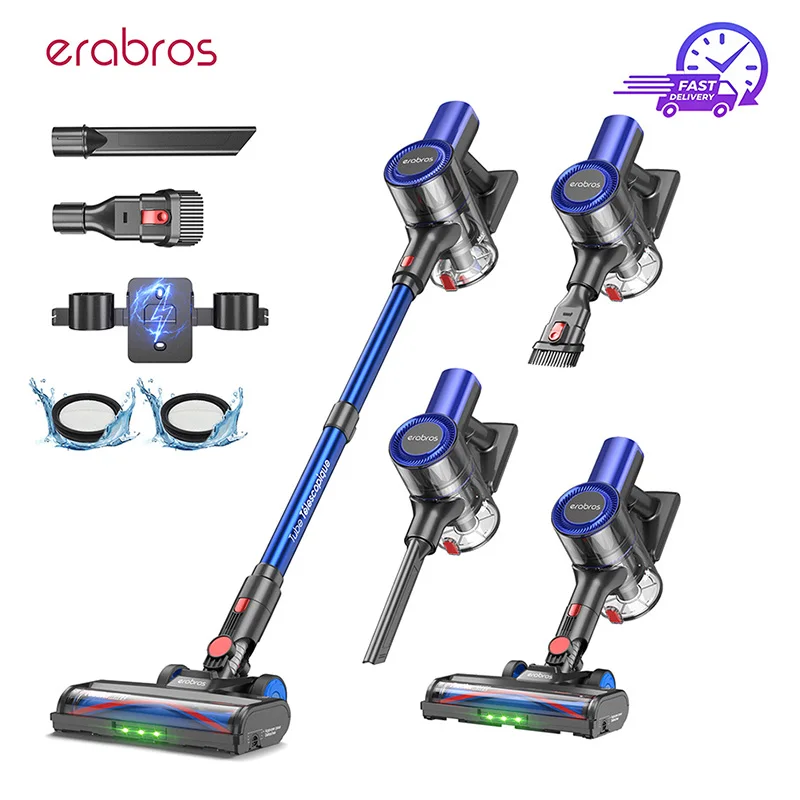 Erabros EV2 Kabelloser Staubsauger, 55KPA 450W Leistungsstarker Intelligenter Handstaubsauger, Anti-Verwicklungs-Rollenbürste mit LED-Digitalanzeige, Wiederaufladbarer Stielstaubsauger für die