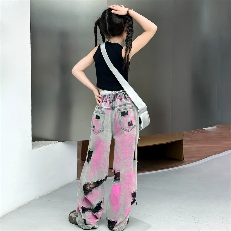 Girls' American Style Distressed Jeans 2024 Summer Slim New Children's Pants Straight leg Wide leg Pants Fashionable 120-170CM