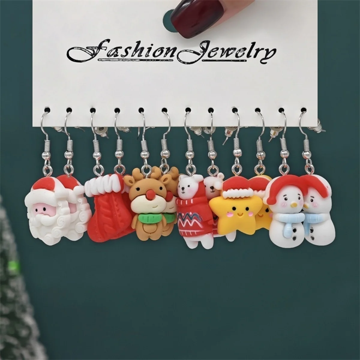 6 Paar/Set Weihnachts-Ohrringe aus Kunstharz mit Schleifen, Lebkuchenmann, Weihnachtsbaum, Schneemann, Pinguin, Weihnachtsmann für Damen, Weihnachtsschmuck – Detail 30