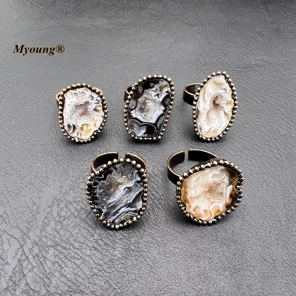 10PCS Bronze Plated Irregular Natural Stone Botswana Lace Agates Geode Vintage Open Rings For Men Women Boho Jewelry MY231106