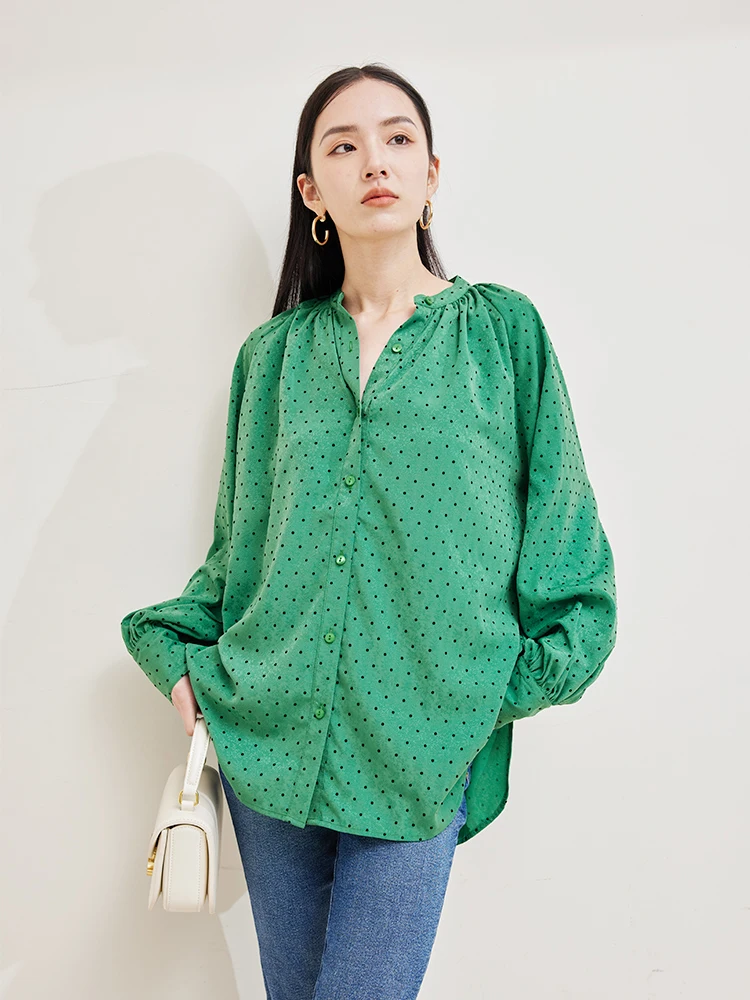 

Женская длинная свободная блузка в стиле ретро с круглым вырезом, в горошек, с плиссировкой и эффектом пышности, для повседневной носки