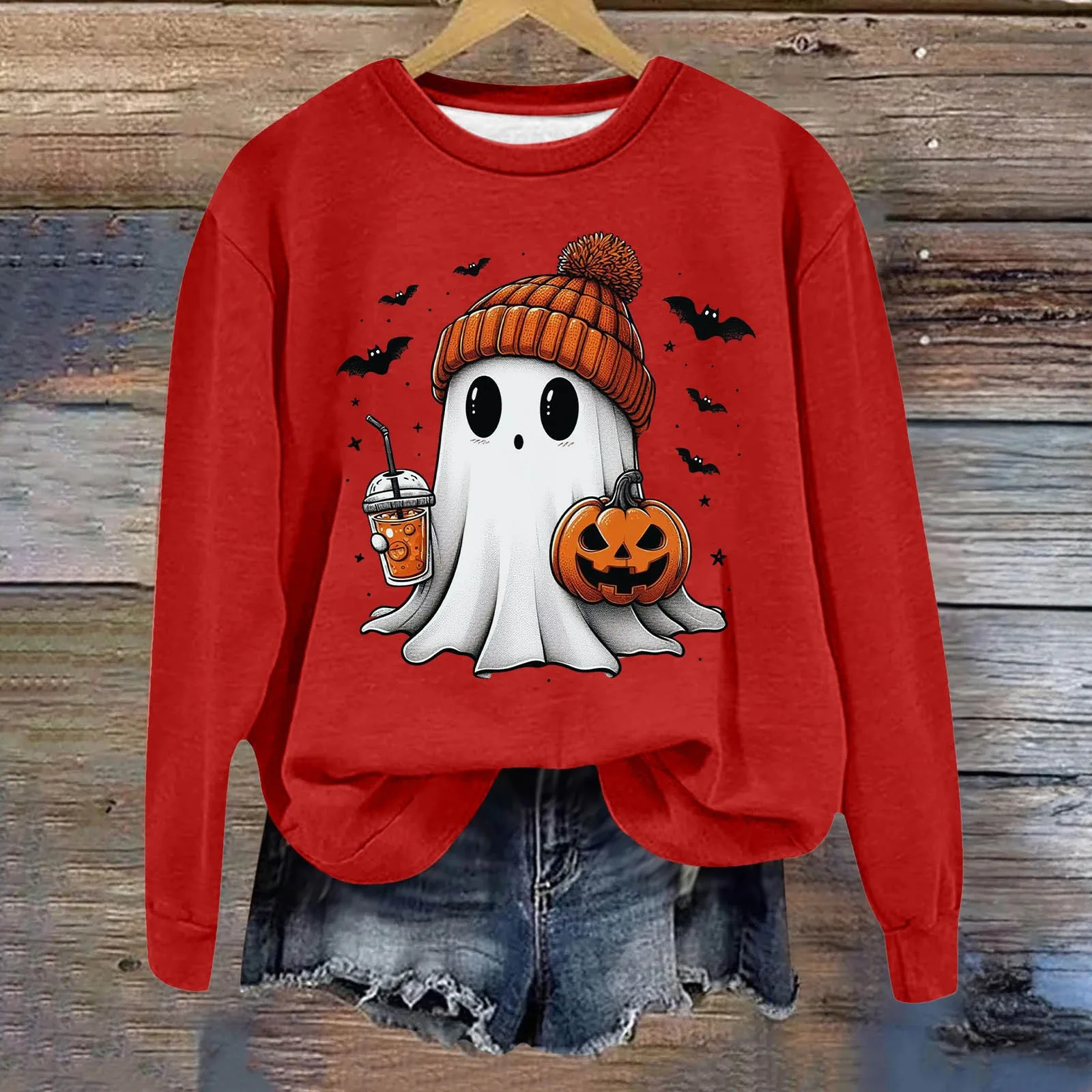 

Cute Ghost Print Ladies Halloween Hoodie Crewneck Long Sleeve Comfortable Warm Jumper Fashion Casual All Match Top Trend Tops