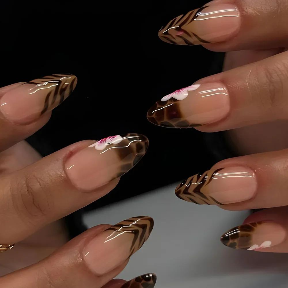 24Pcs Leopard French Press on Fake Nails with Flower Wearable Short  Almond False Nail Simple Unique Acrylic Full Over Nail Tips