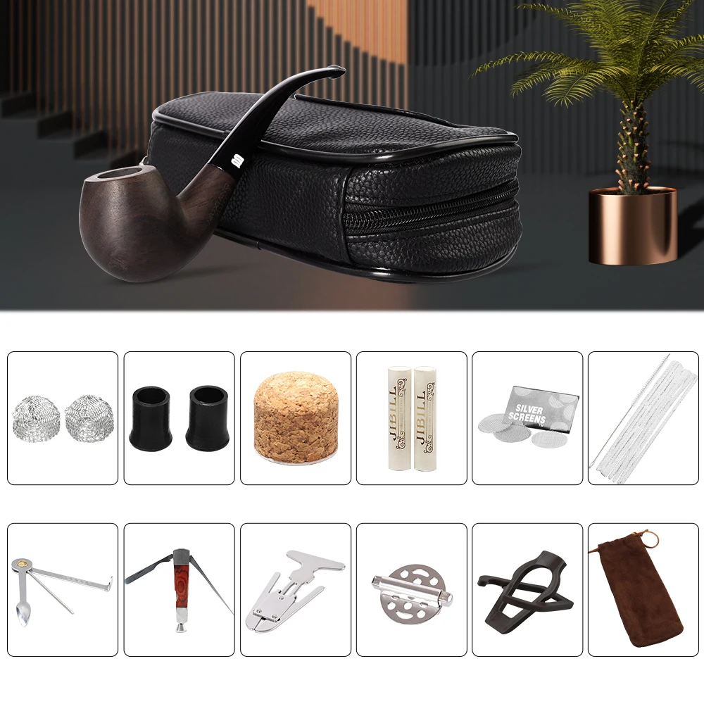 1 set Ebony Wood Root Smoking Pipe Tobacco Pipe Handmade Wood Perfect Beginner Pipe Kit Gift Bag Set and clean Accessories