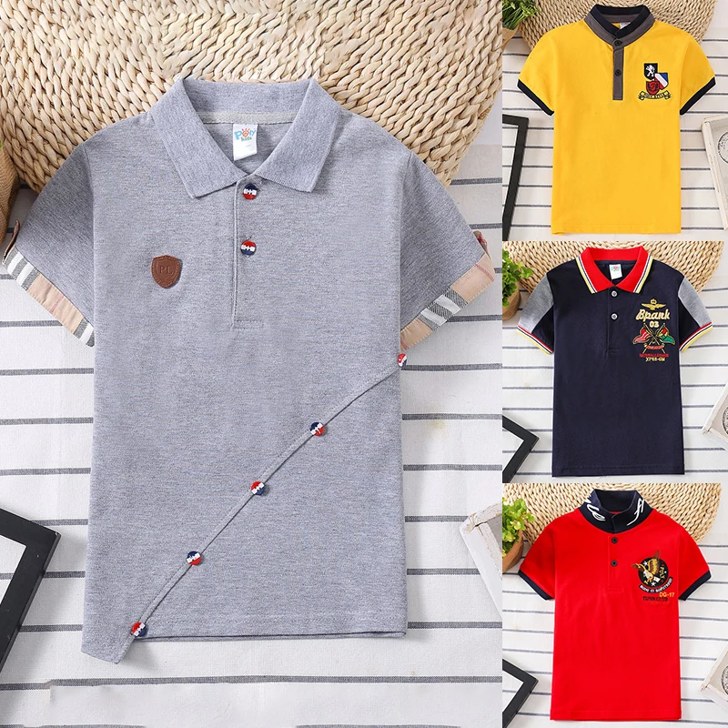 

Boys New T-shirt Summer Streetwear T-shirt baby Girls cotton Clothes England Style Tees Kids Turn-down Collar Childrens Clothing