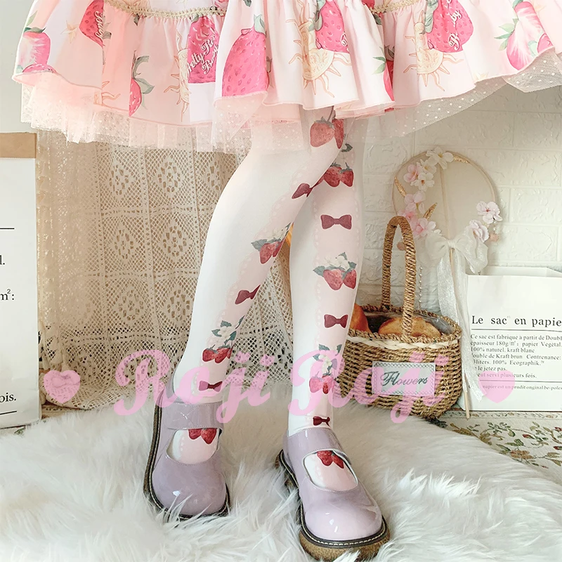 Strawberry Bow Lolita Socks Ladies Spring Summer 120D Velvet Printed Pantyhose Y2k Sweet Hosiery Japanese Rojita Style Tights