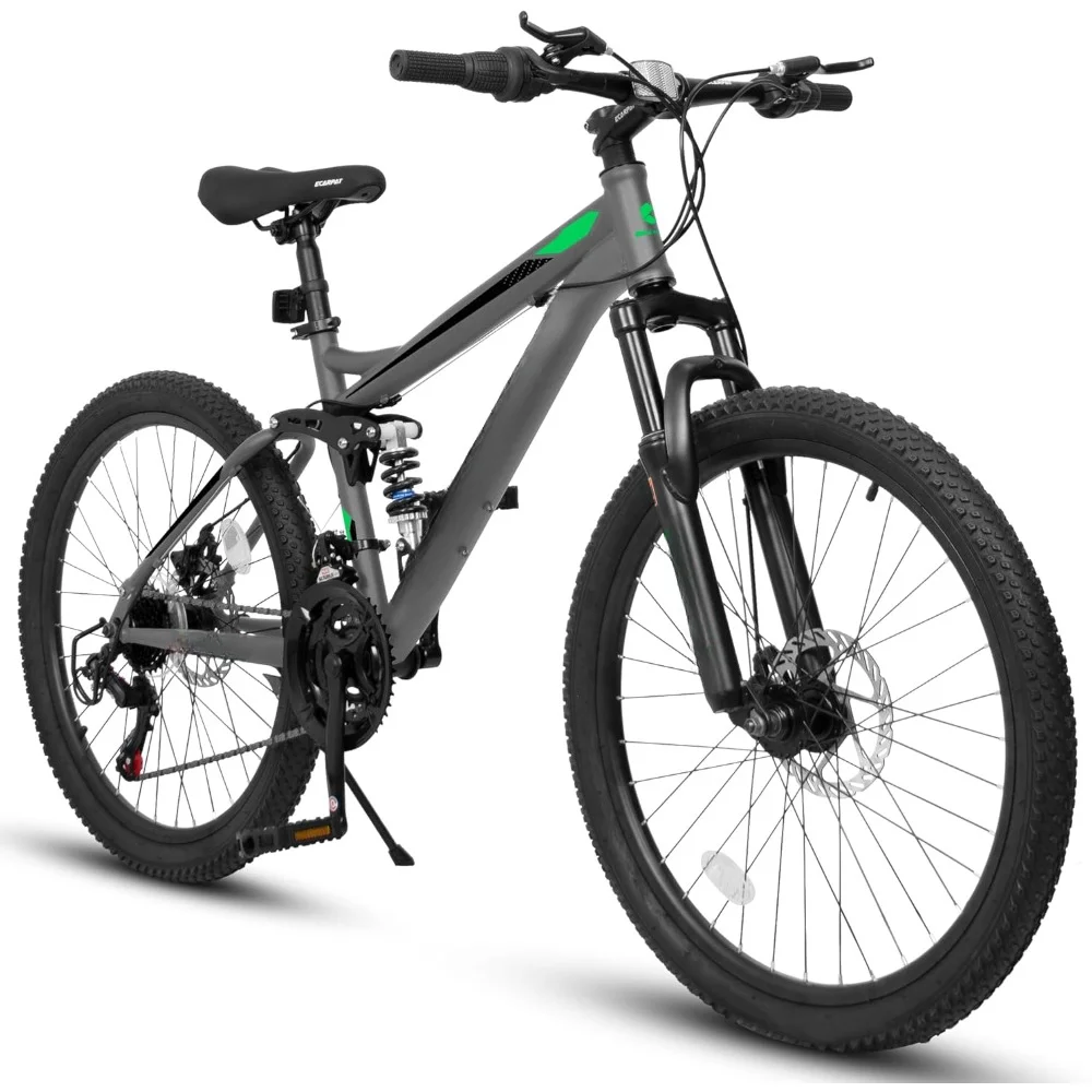 Mountain Bike 24 inch, Full Dual Shock Mountain Bike, 21 Speed Disc Carbon Steel Frame, Men's Women's Snow Bike