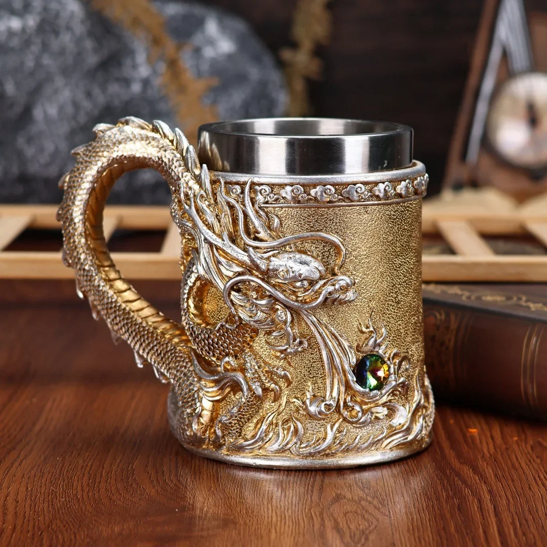 

600ML Golden Copper Dragon Beer Resin Tankard 304 Stainless Steel Medieval Tea Cup Coffee Beer Mug Copper Color New Party Bar
