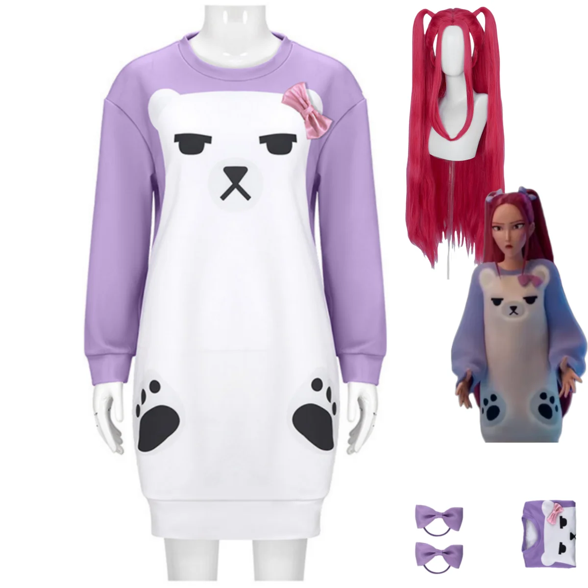 

New Anime KPop Demon Hunters Mira Cosplay Costume Purple Long Sleeves Pajamas Headwear Wig Woman Cute Daily Homewear Suit