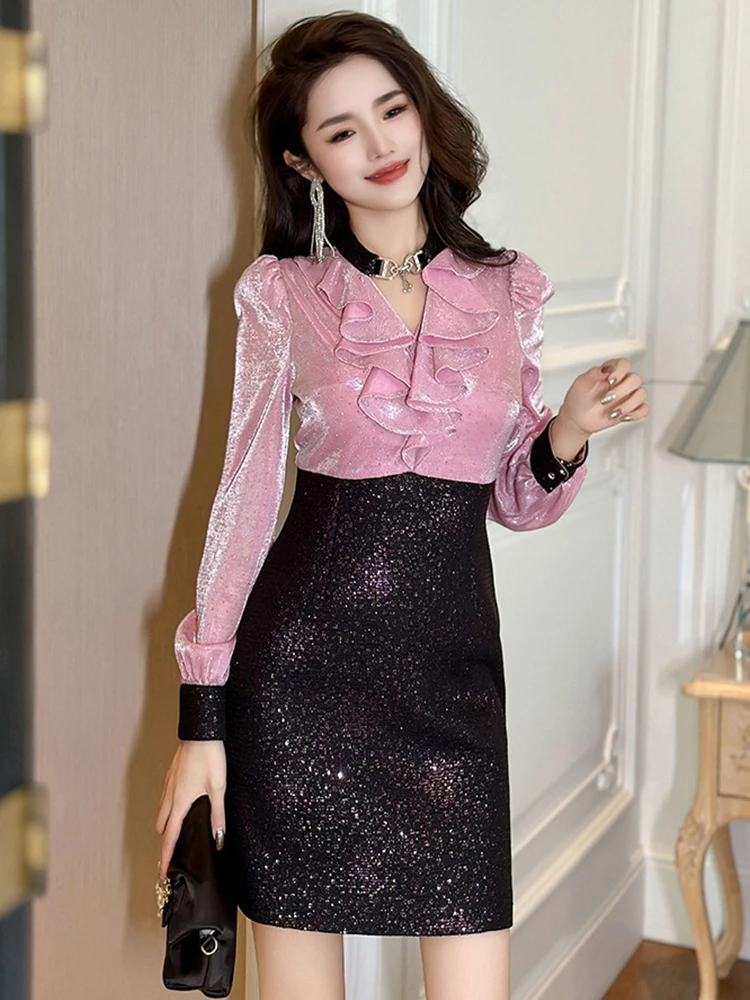 חמוד שמלות מיני נשף נשים חמוד שיק אלגנטי בהיר rhinestone שחור ורוד ניגודיות ruffles שמלת נשים