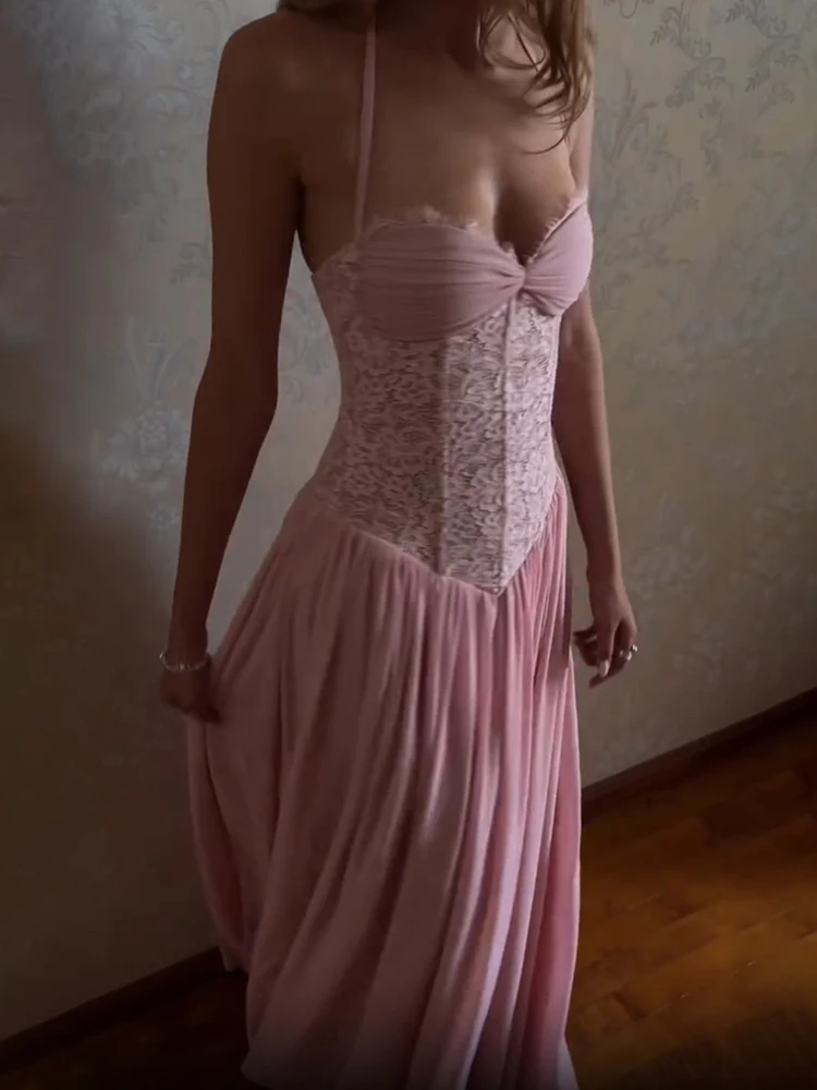 Vintage Süßes Rosa Blumen-Spitzenkorsett Bodenlange Kleider für Damen mit Spaghetti-Trägern und Plissee, Schickes Sommer-Abendoutfit – Detail 9