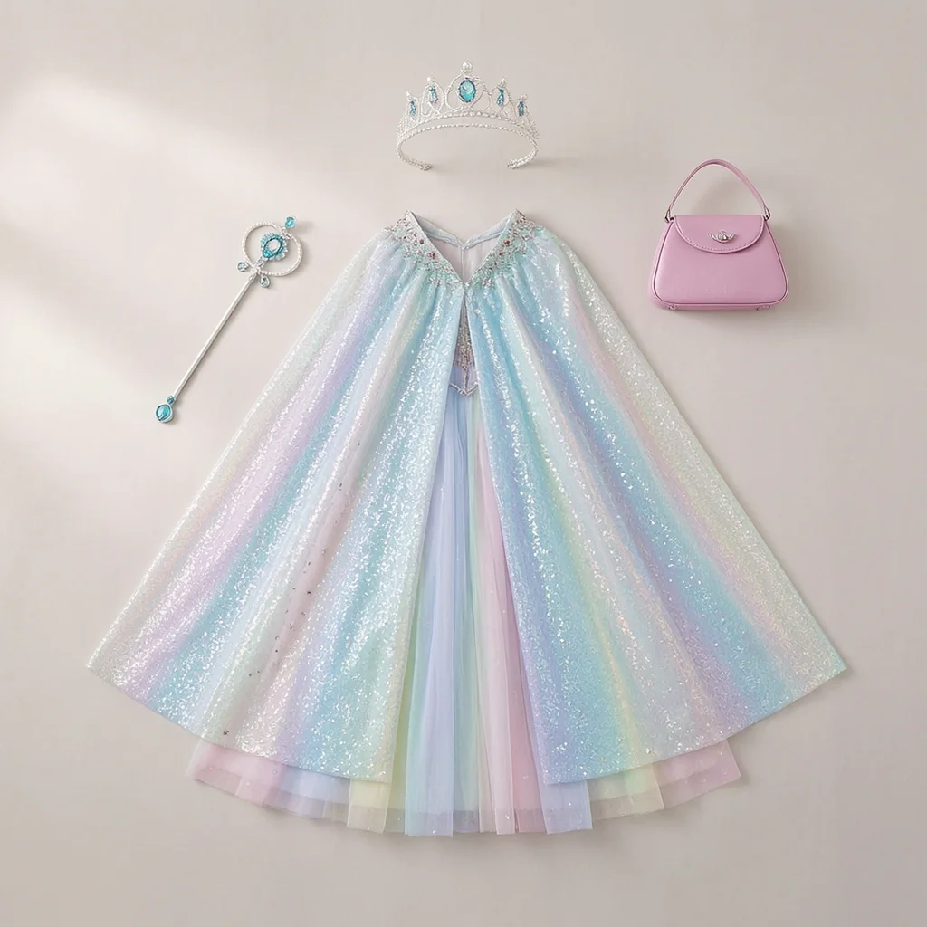 Costume Accessory Set Princess Sequin Cape Crown Magic Wand Handbag Fairy Gauze Cosplay for Birthday Party