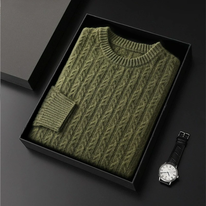 

100% Australian wool sweater men's crew neck thickened solid color sweater loose business casual twisted knitted bottoming shirt