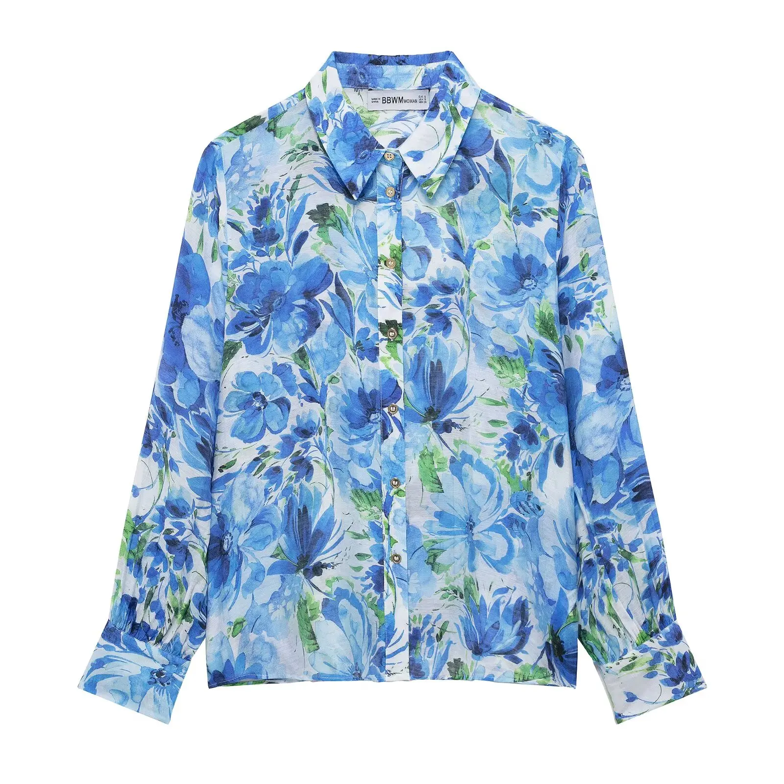

Zevity Women Fashion Blue Floral Print Casual Smock Blouse Office Lady Buttons Business Shirt Chic Chemise Blusas Tops LS9094