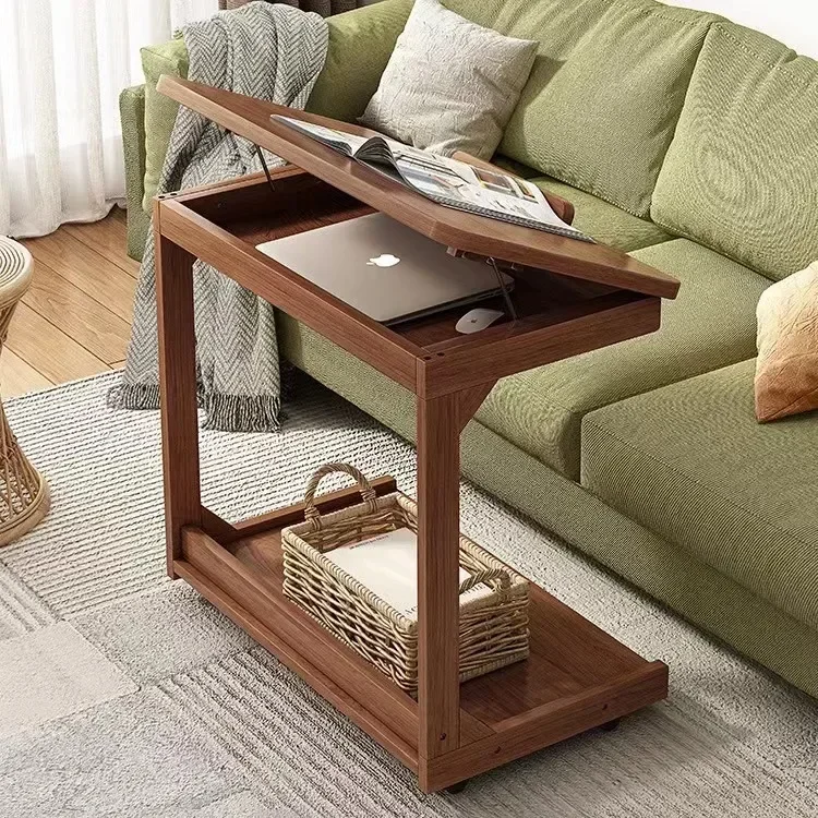 Movable Solid Wood Flip Computer Desk Simple Home Nordic Wheeled Living Room Sofa Side Table