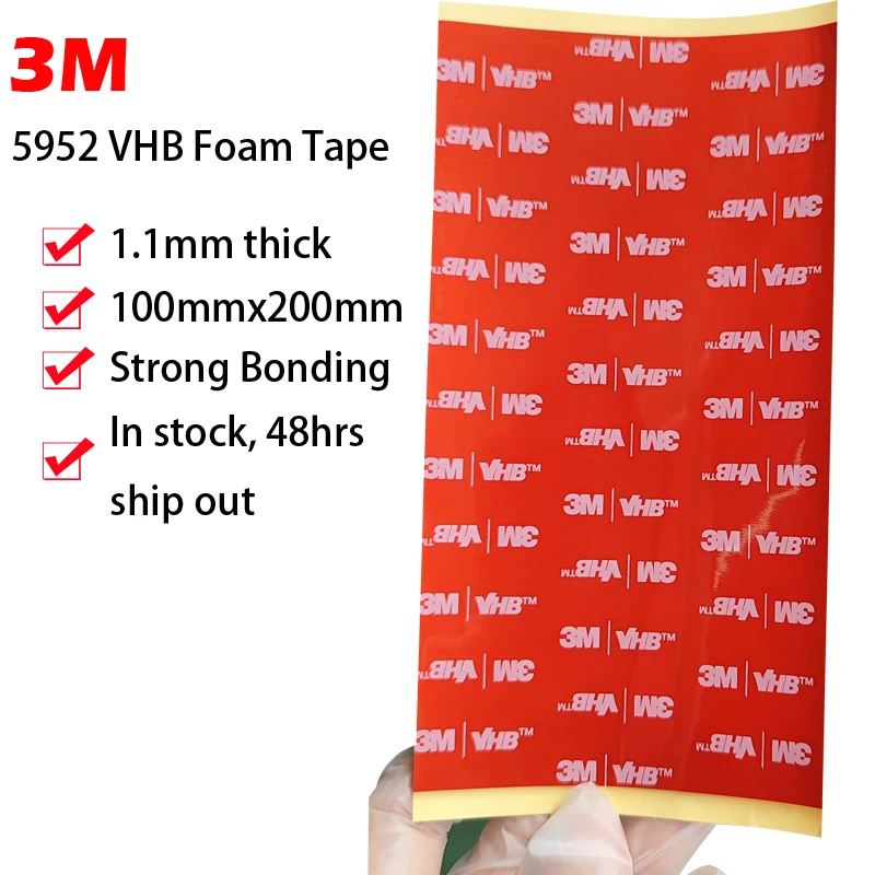 

1pcs 100mmx200mmx1.1mm 3M VHB 5952 Heavy Duty Double Sided Adhesive Acrylic Foam Tape Black