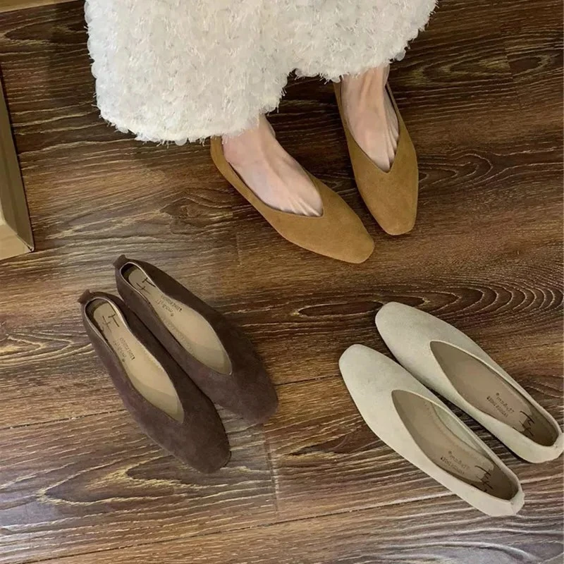 

Ladies' square-toe vintage flat soft leather loafers, comfortable leather ballet shoes, ladies' formal shoes