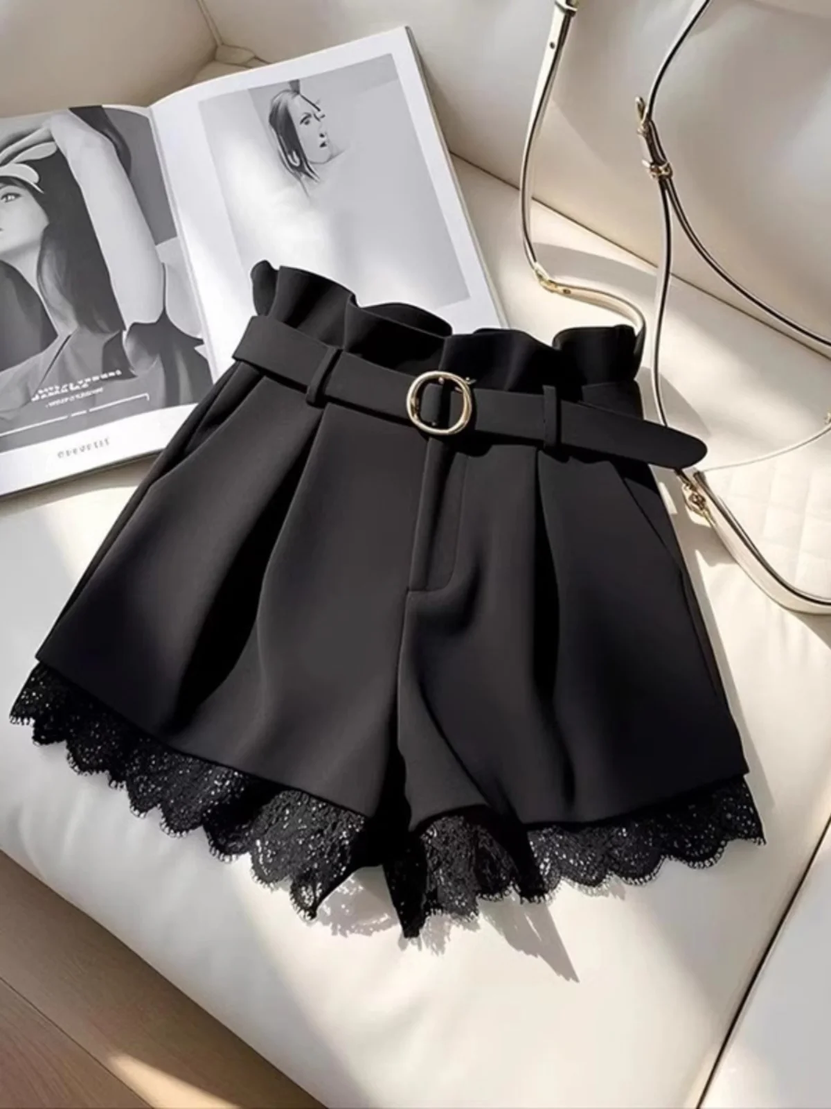 黒ハイウエストレースパッチワークスーツショーツ女性の春小さいサイズフィギュアショー痩身ホットガールカジュアルパンツワイドレッグ