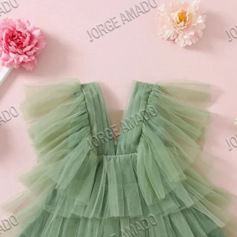 Summer Girl Party Dress V-neck Short Flare Sleeves 3-layer Yarn Knee Length Princess Dresses Formal Clothes E0408