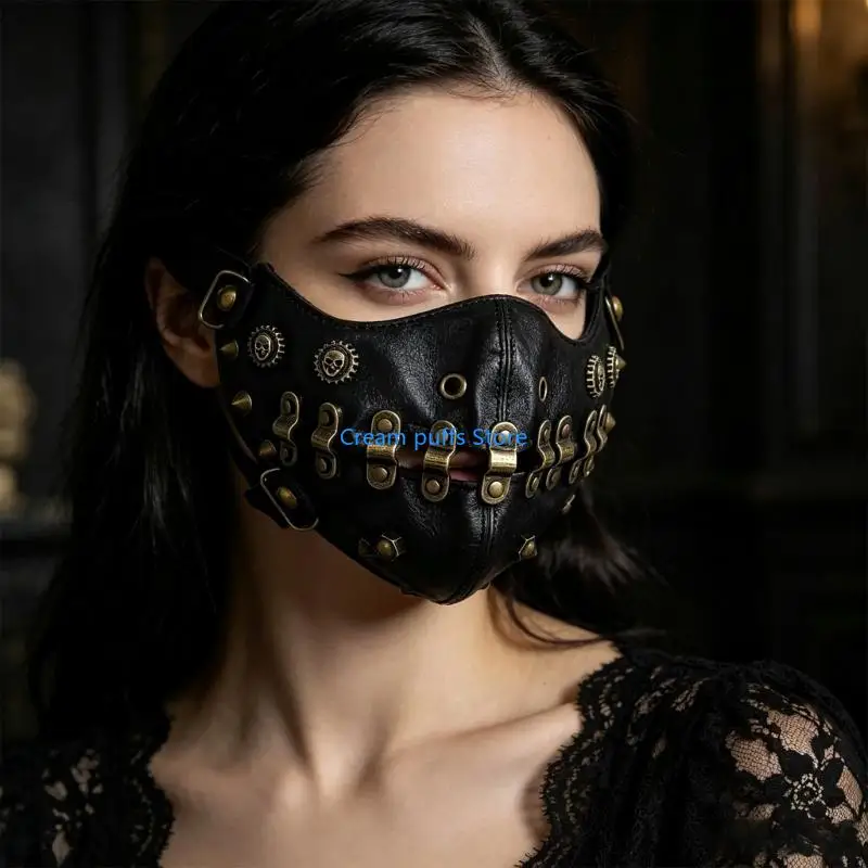 50LE Gothic Costume Face Cover Accessory with Elastic Strap Fit, Black Industrial Mask with Chain and Gear Accents for Cosplay