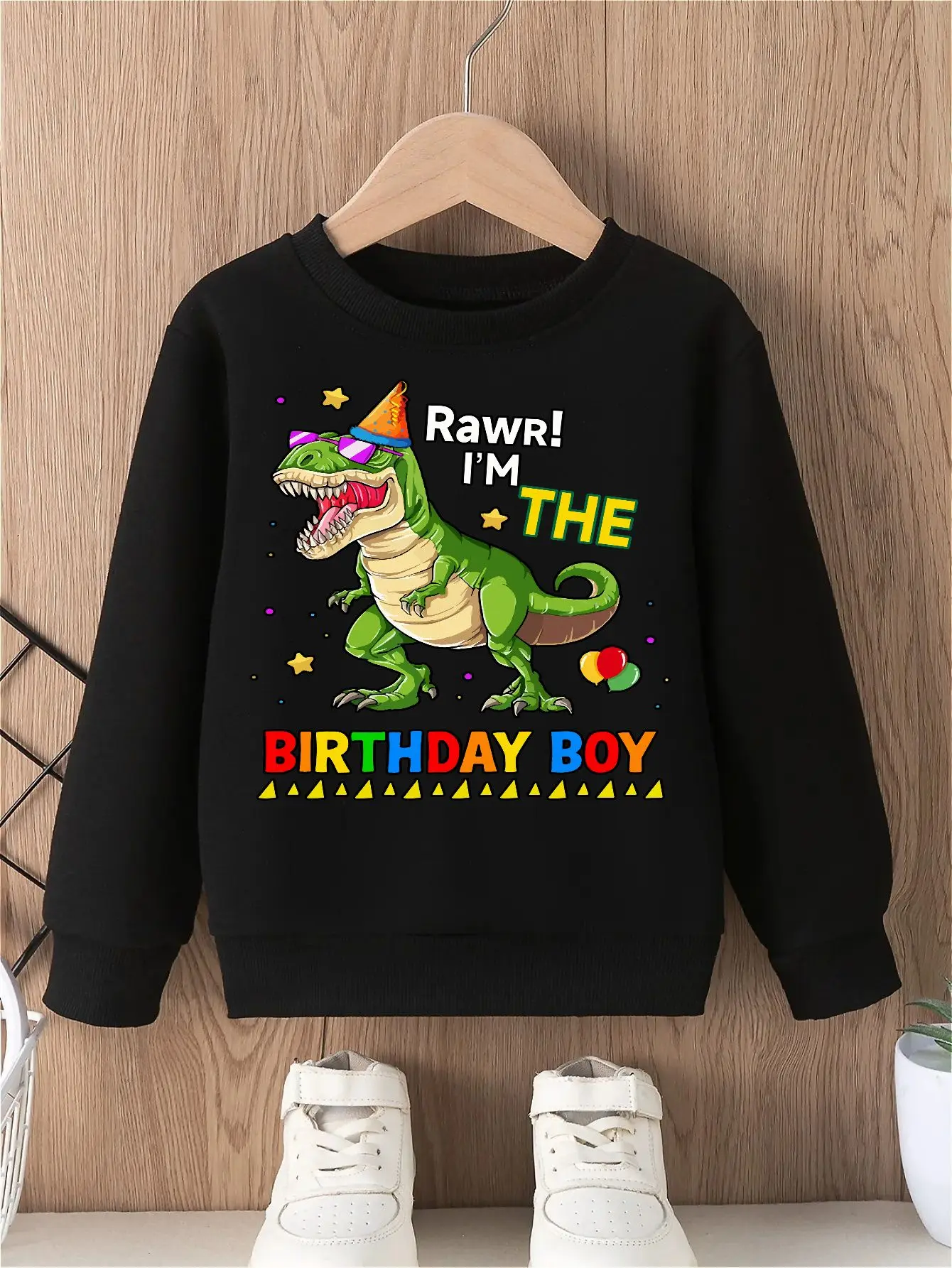 Boys' Hoodless Sweatshirt T-Rex Dinosaur in Party Hat  Sunglasses Print 'Rawr! I'M THE BIRTHDAY BOY Text Festive Birthday Design