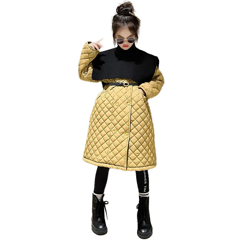 

Winter Teen Girls cotton-padded overcoat Long Plaid Parkas Double-Breasted Coats High Collar Knitwear Tippet Fashion Outerwear