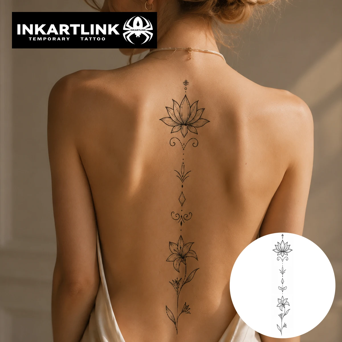 INKARTLINK 1PC New Women's Temporary Tattoo Sticker – Double Lily Vertical Stripe Design – Waterproof – Suitable for Back