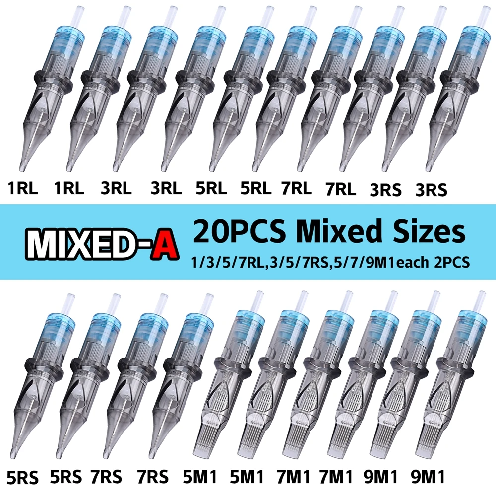 20pcs MIXED Tattoo Cartridge RL/RM/RS Round Liner Shader Curved Magnum Tattoo Needle 1RL 3RL 5RL 7RL 9RL 7rm 9rm 13rm