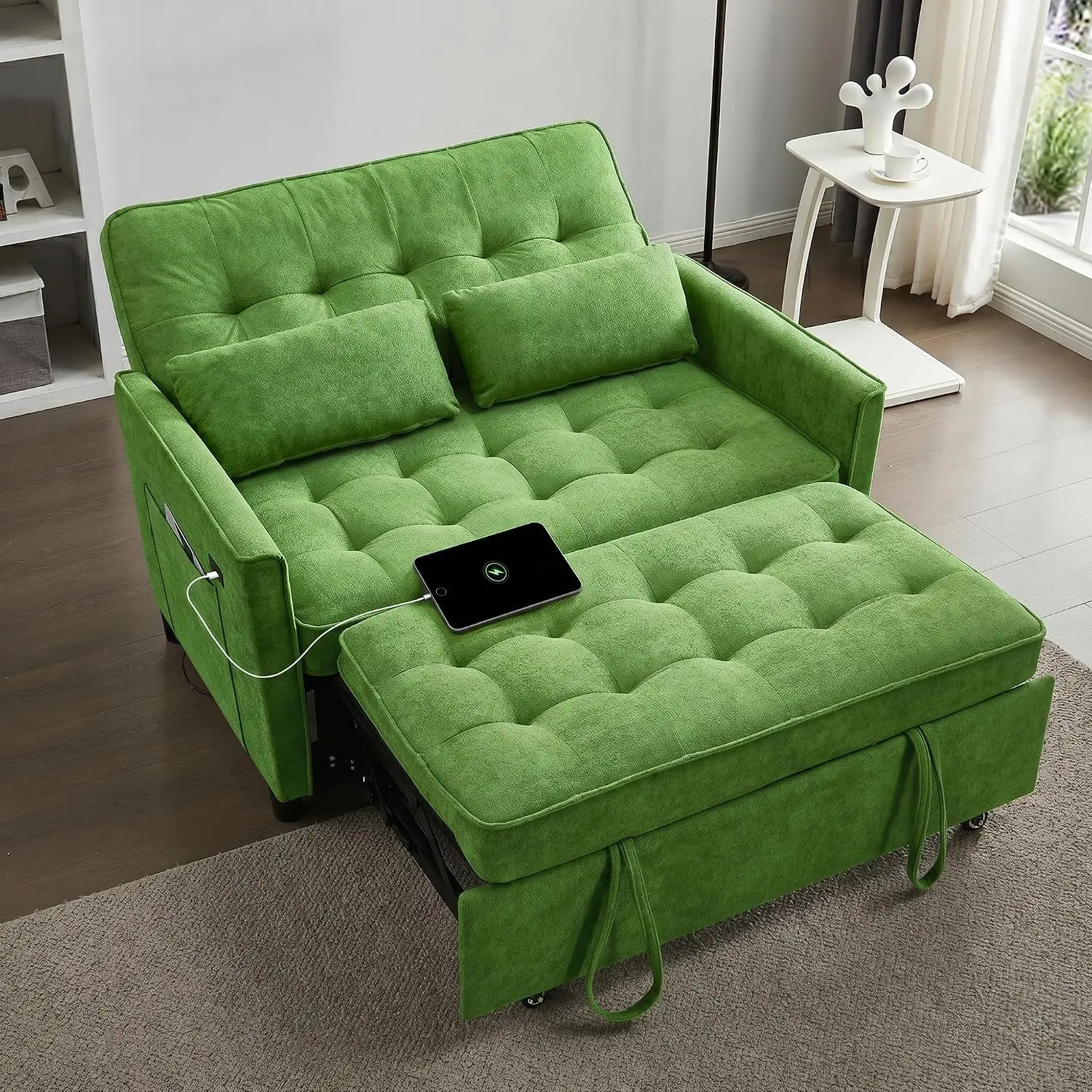 3 in 1 Convertible Sofa Bed with Pull Out Sleeper, Adjustable Backrest, Side Pocket, USB Port, 2 Pillows, Fabric, Green, Customi