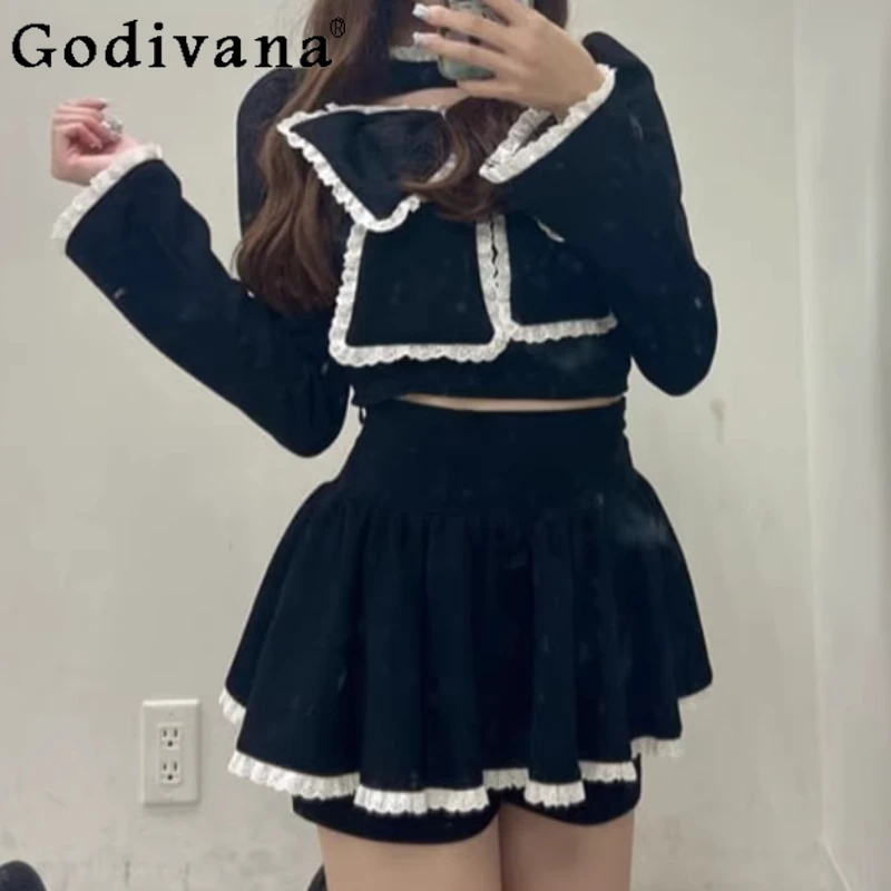 

Японский сладкий нежный кружевной топ с большим бантом и длинными рукавами, милая юбка трапециевидной формы с высокой талией для девочек, комплекты из двух предметов для снижения возраста