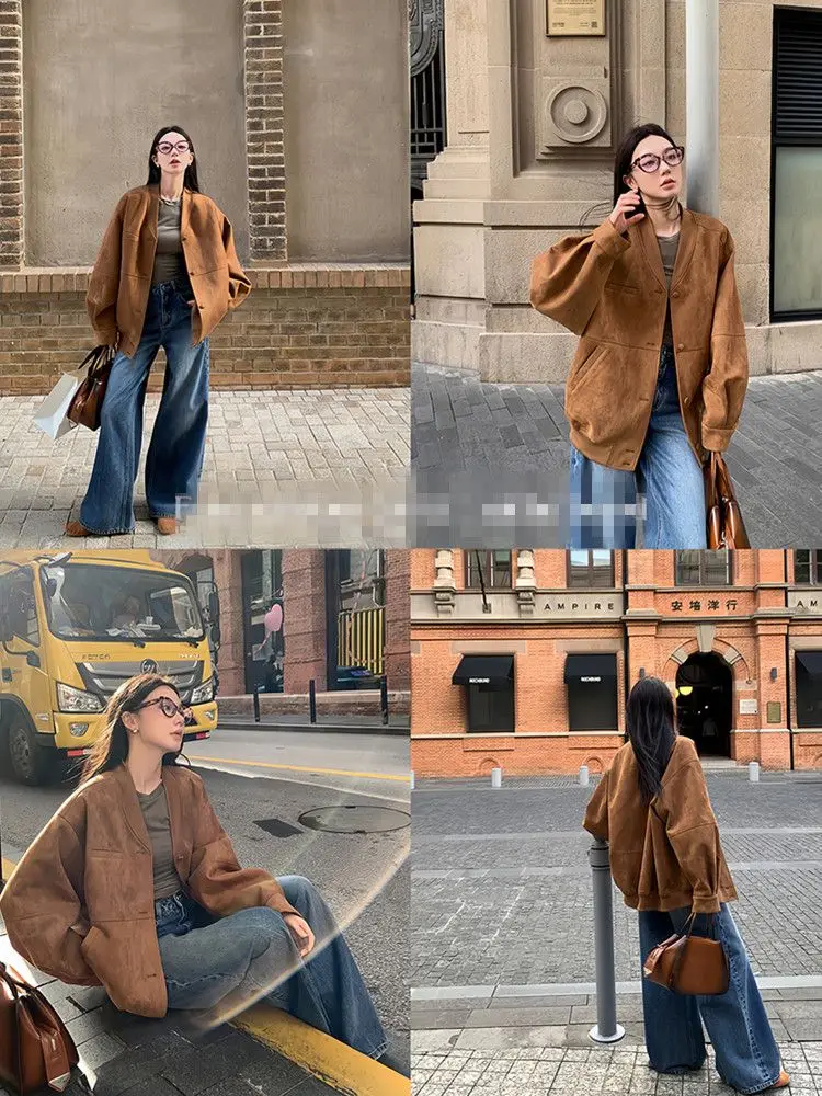 Imitation Suede V-Neck Baseball Uniform Jackets for Women Vintage American Style Loose Women Jacket Oversize Solid Autumn Coat