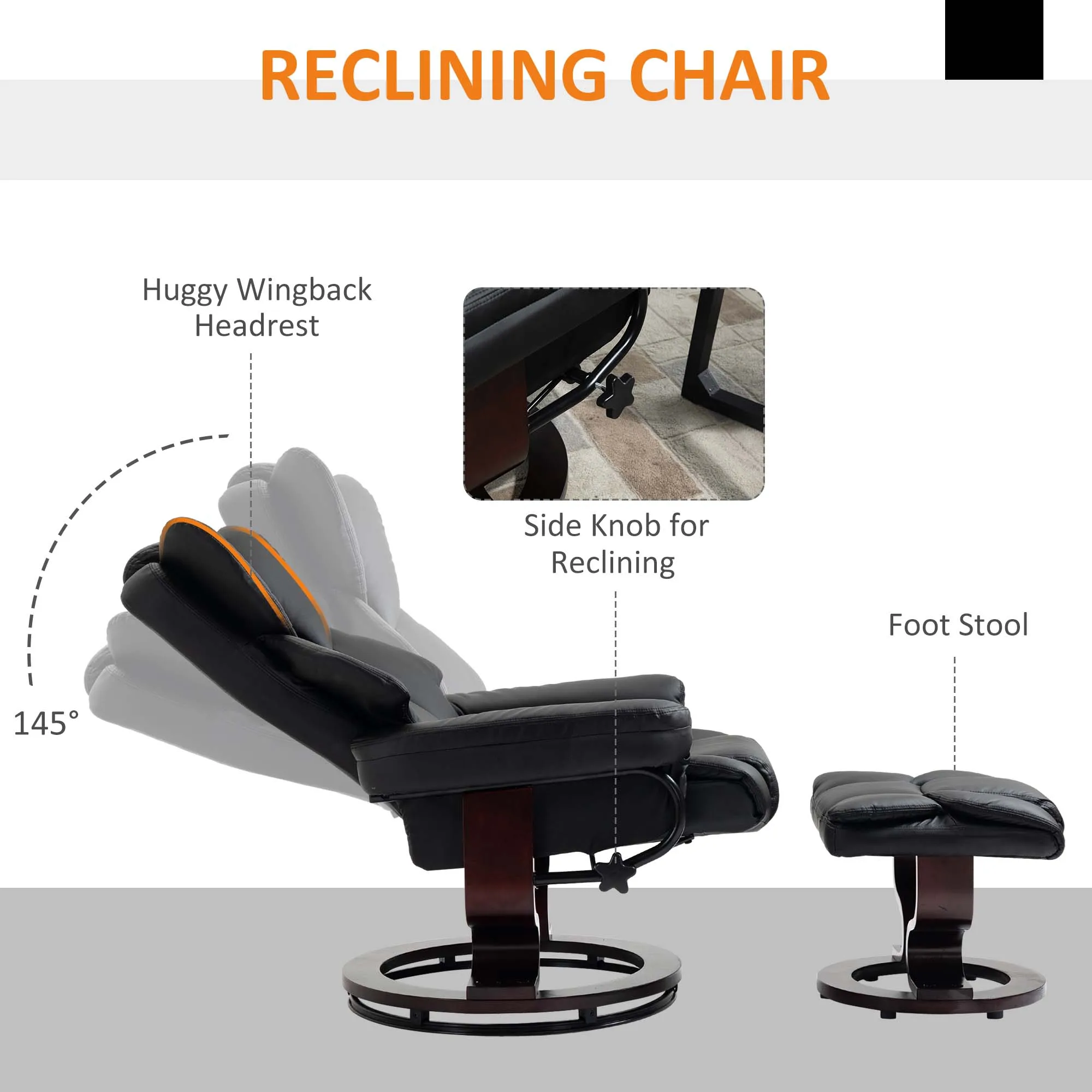 HOMCOM PU Leather Manual Reclining Armchair Footstool Padded Seat