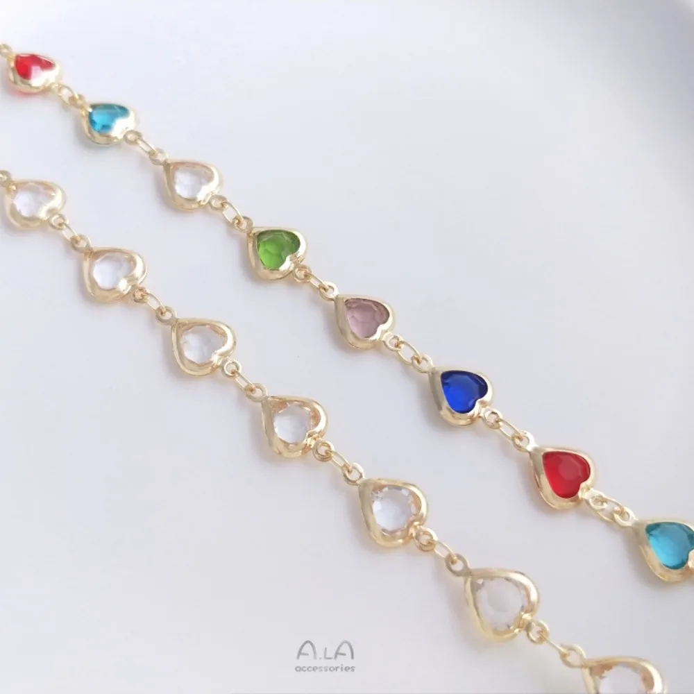 

14-каратное золотого цвета, циркон, персик, цепочка ручной работы в форме сердца, цветной циркониевый цепочка для любви, браслет «сделай сам», ожерелье, ювелирные изделия, свободная цепочка