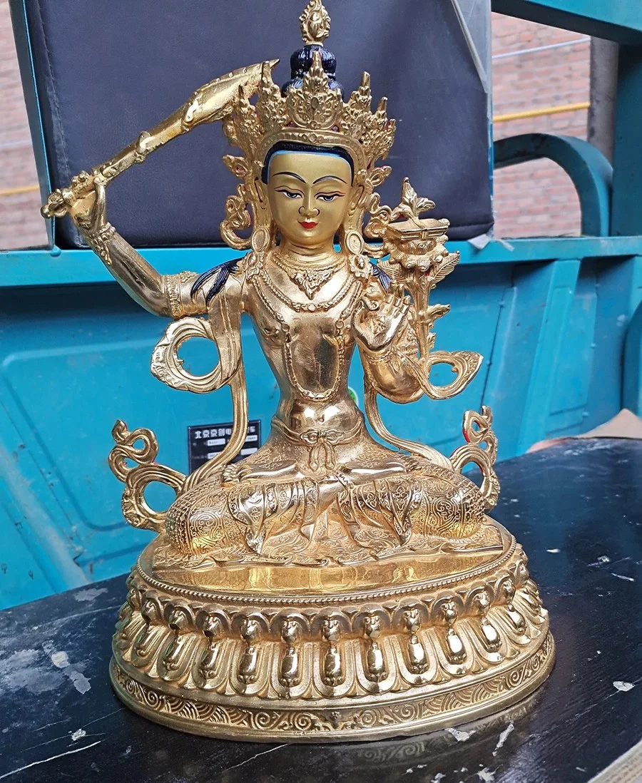 Asia Buddhism home temple altar Worship Manjusri Guanyin Bodhisattva  Buddha brass gilding statue bless Safety good luck