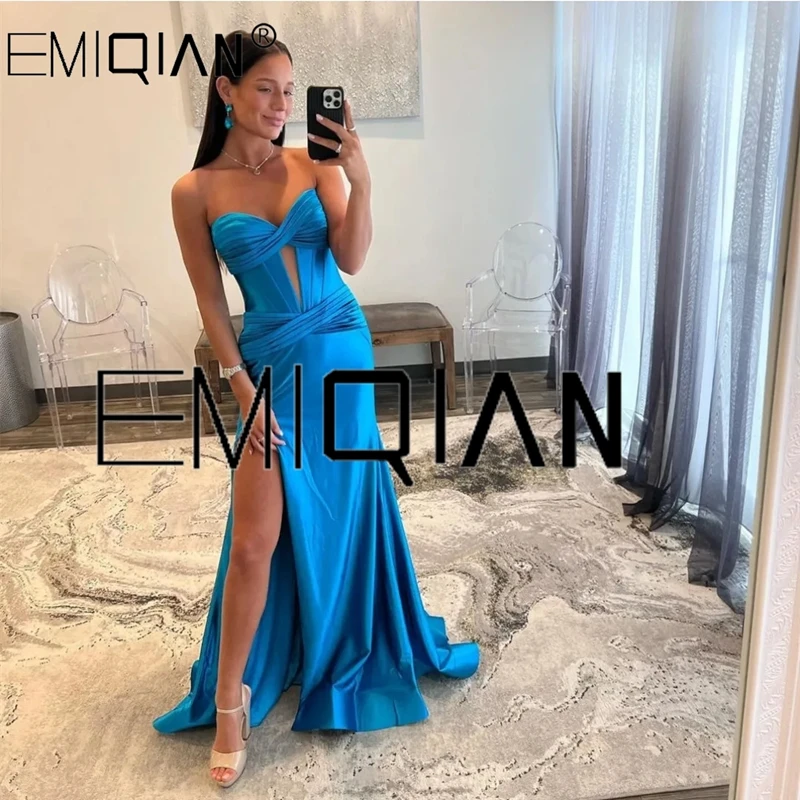 Robe de Rhlongue en satin plissé bleu pour femme, robe de sirène fendue, train de balayage