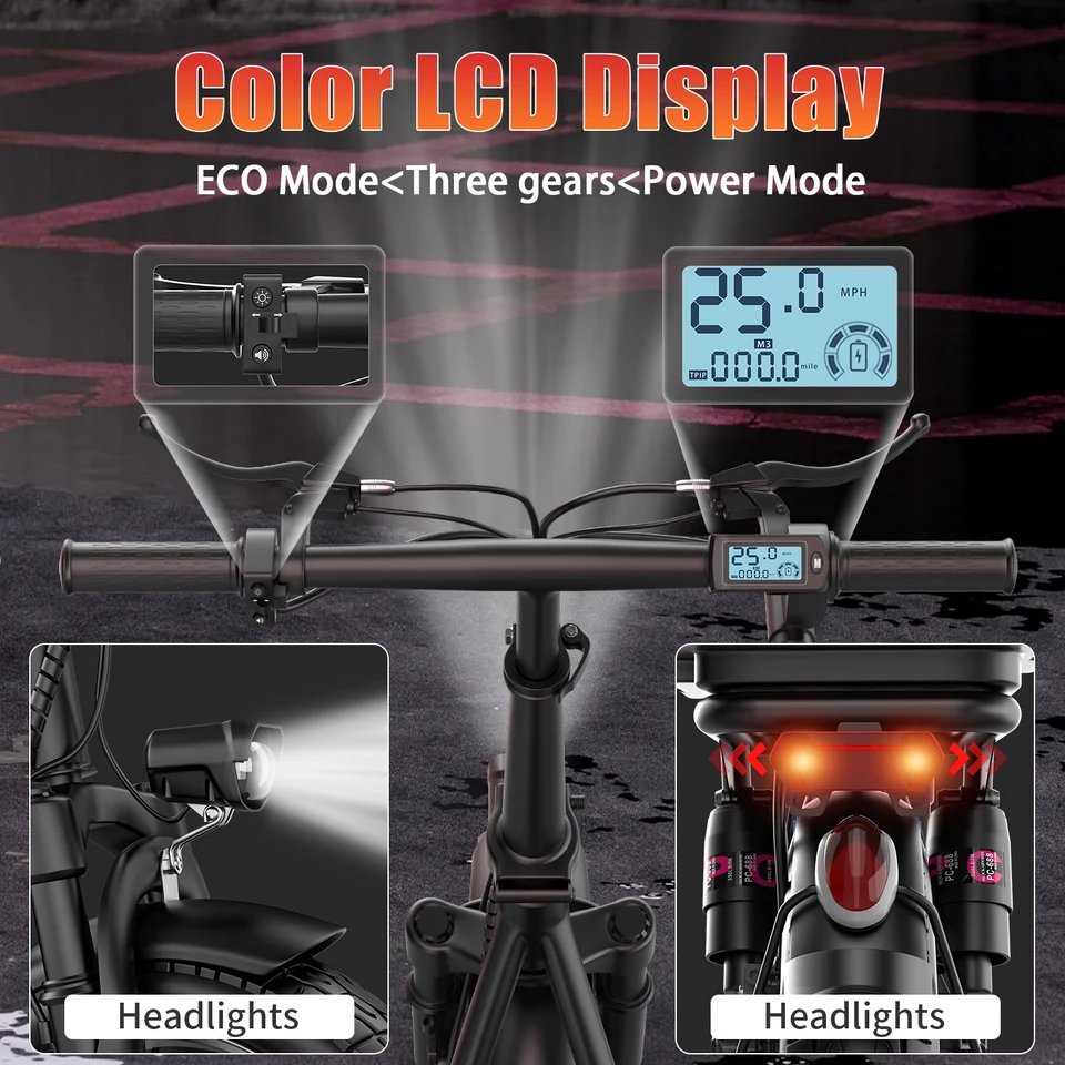 UPlee GQ8 Adult Electric Bike 500W Peak Motor 48V 15AH Electric Scooter 14 Inch Fat Tire Full Shock Foldable with Trunk E Bike image 6