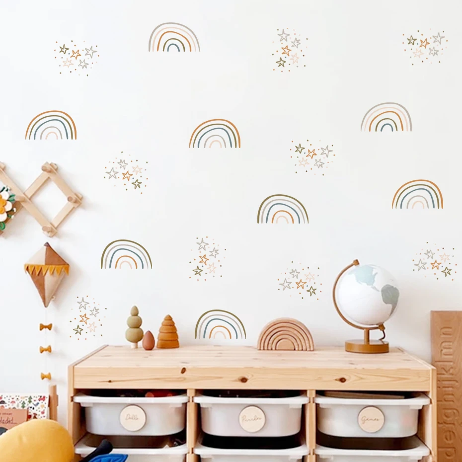 Boho Rainbow Stars Nursery Wall Stickers Removable Peel and Stick Vinyl Childers Wall Decal Baby Kids Room Playroom Home Decor