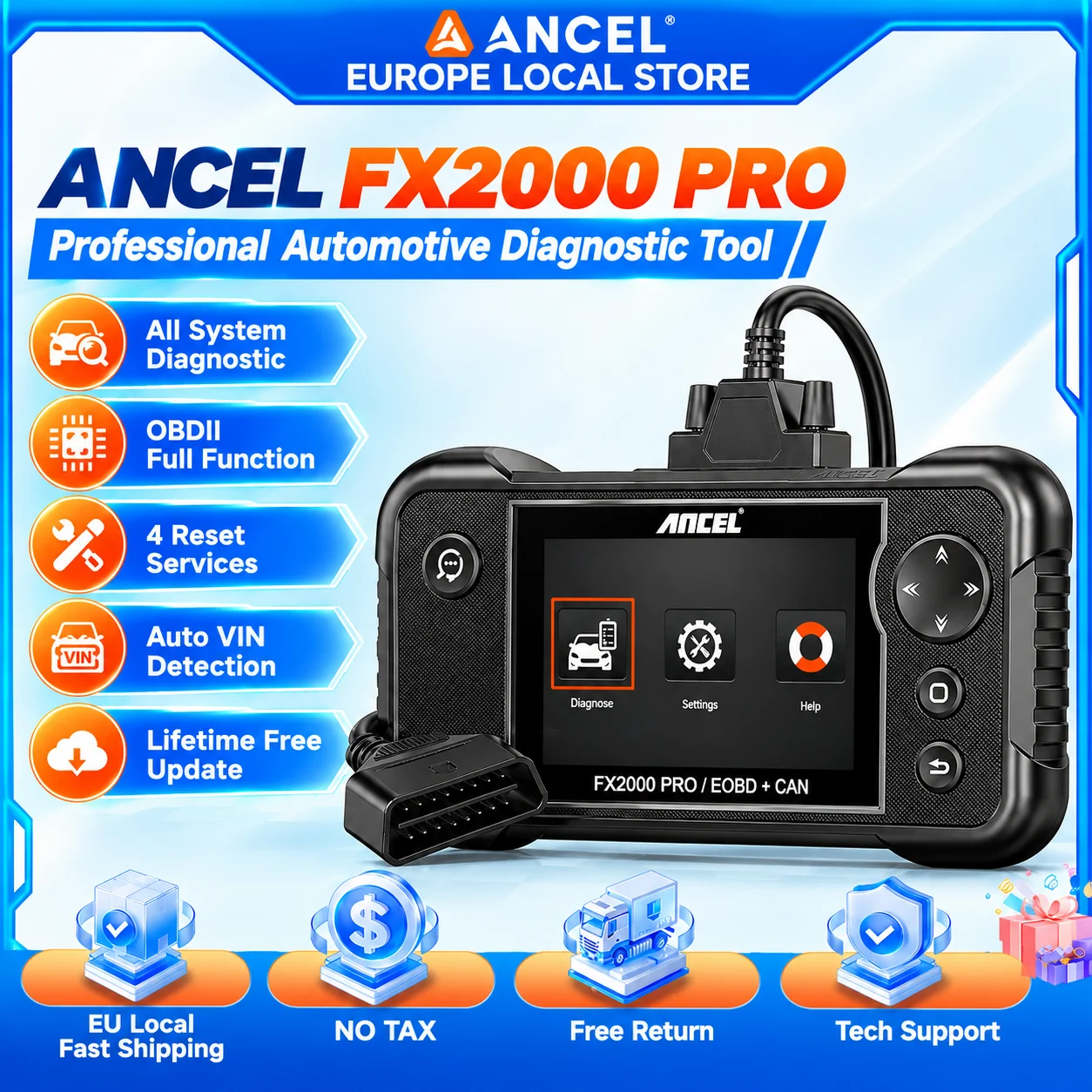ANCEL FX2000 PRO OBD2 Scanner 4-systeem autodiagnosetool motor ABS SRS transmissie 7 reset functies ABS luchtdrukregeling DPF SAS BMS olie gasklepherstel auto VIN levenslange gratis updates