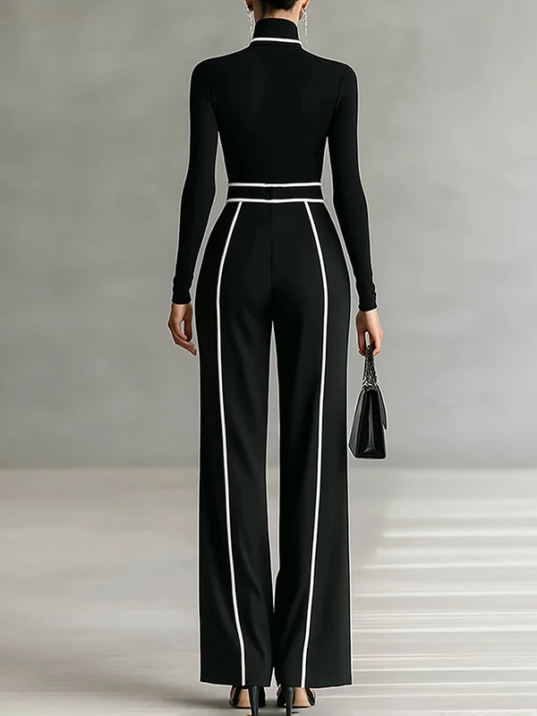 Freeacy Women Black White Contrast Piping Wide Leg Pants High Waist Pleated Trousers 2026 Loose Floor Length Casual Pants view 5