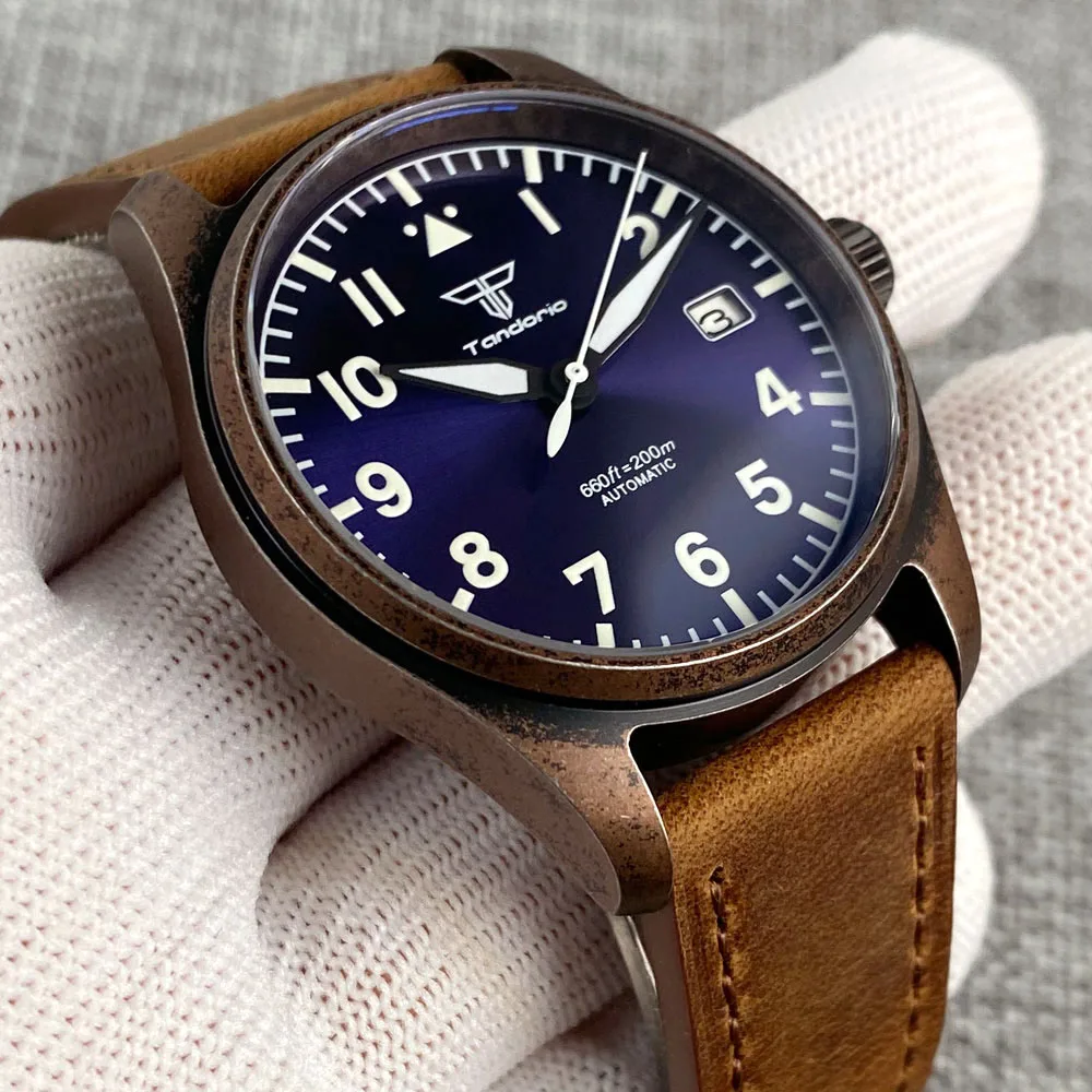 Tandorio 39mm Retro Pilot Case Electroplated-Copper NH35 Movement Automatic Men Watch Sapphire Crystal Diver 20BAR Waterproof