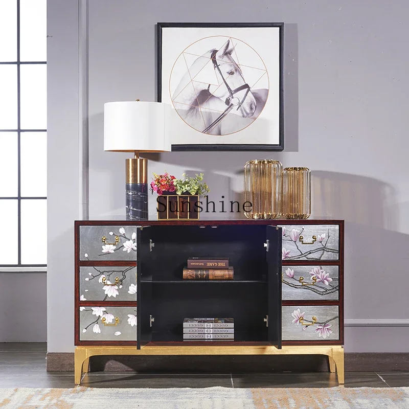 

New Chinese painted magnolia flower and bird entrance foyer solid wood locker FT