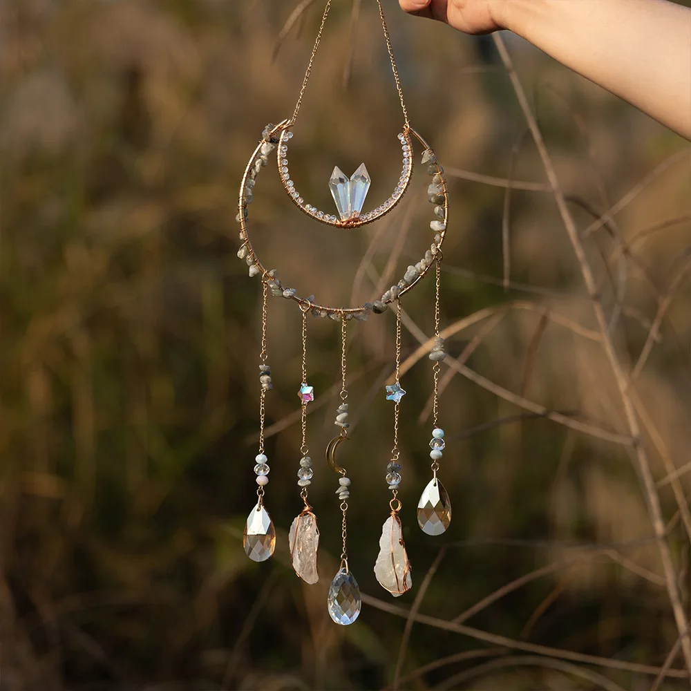 1pcs Crystal Wind Chime Sun Moon Catcher Pendant Dream Catcher Rainbow Hanging Drop Home Garden Decor Wind Chime Decoration Gift