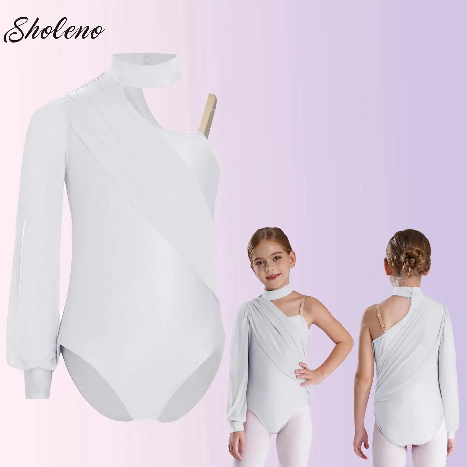 

Kids Girls Latin Dance Leotards Ballet Jersey One Shoulder Gymnastics Figure Skating Performance Costume Ruched Overlay Bodysuit