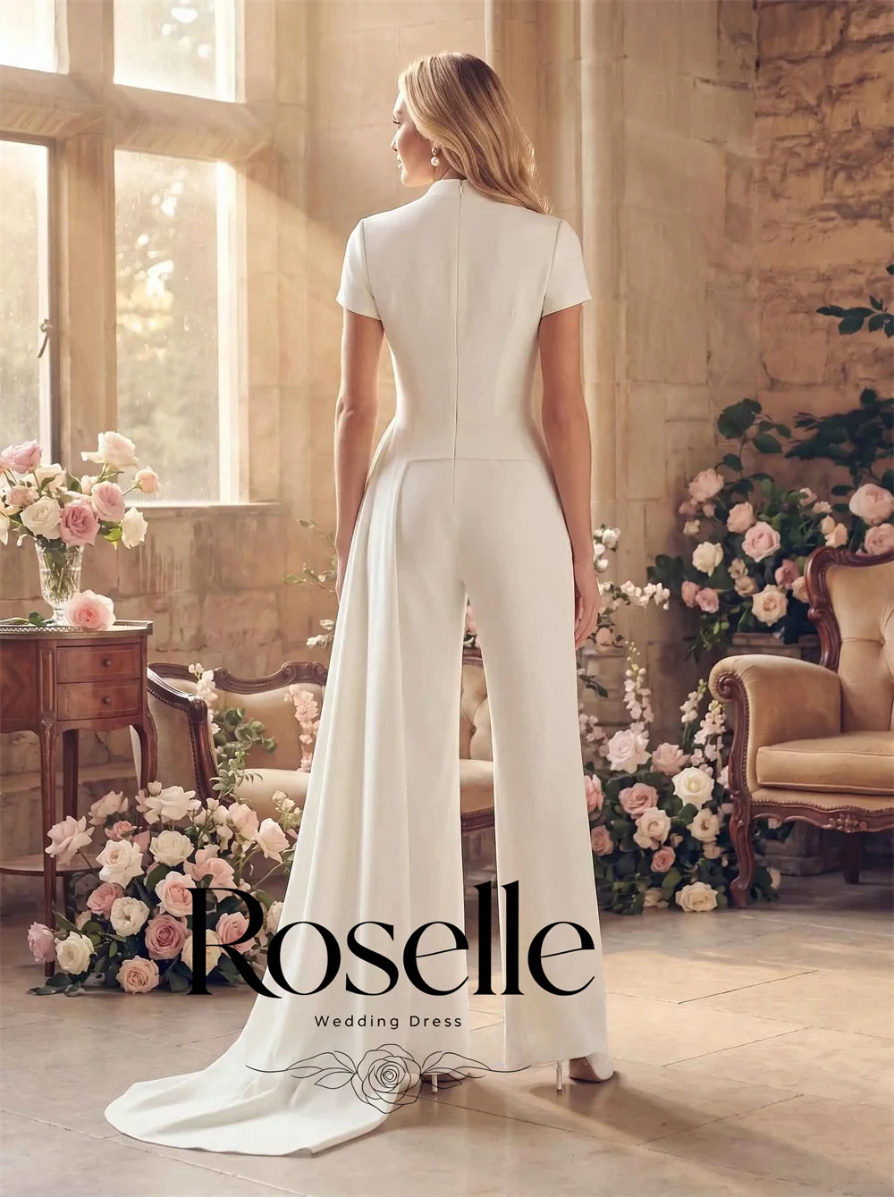 Elegant High Collar Wedding Jumpsuits Women 2026 Short Sleeves Floor Length Bridal Gowns Simple Customized Vestido De Novia