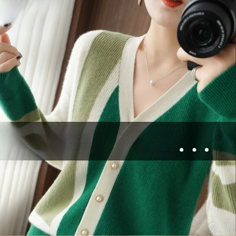 

Spring Autumn 2025 New Women's Faionable Loose Knitted V-ne Sweater Color Blo Open Cardigan Outerwear Korean Sle Long...